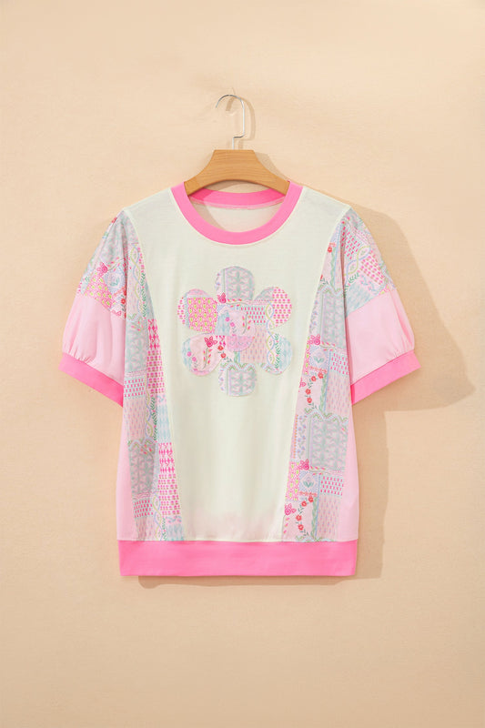 Floral Colorblock Patchwork Short Sleeve Top