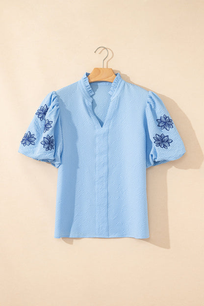 Flower Embroidered Puff Sleeve Split Neck Blouse