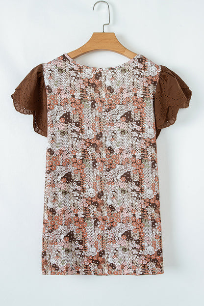 Blue Floral Print Square Neck Lace Patchwork Sleeve Blouse