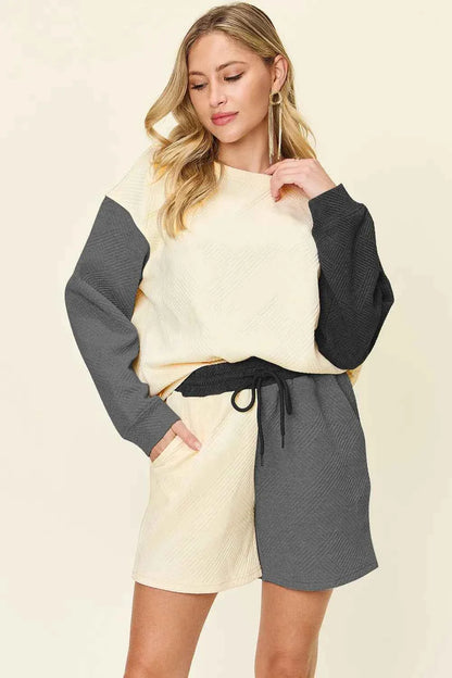 Contrast Chic: Pocketed Two-Piece Shoulder Set