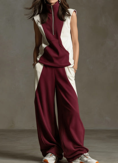 Women's Contrast Color Sleeveless Zip Collar Sportswear Set