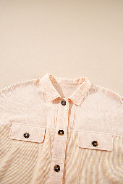 Beige Waffle Splicing Short Batwing Sleeve Flap Detail Shirt