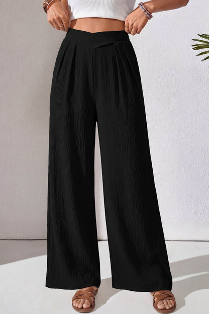 Solid Textured Crossed Waist Wide Leg Pants