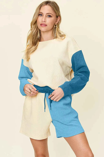 Contrast Chic: Pocketed Two-Piece Shoulder Set