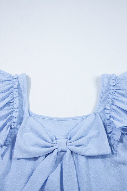 Beau Blue Textured Bow Knot Frilled Butterfly Sleeve Blouse