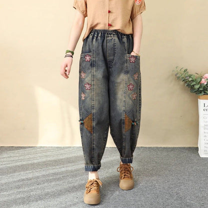 Patchwork Embroidered Cropped Harem Pants – Women's Wide Leg High Waist Denim