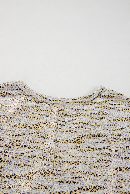 Gray Leopard Print 3/4 Sleeve V Neck Loose Fit T Shirt