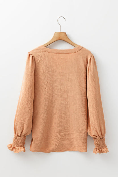 Straw Yellow Solid Shirred Cuff Notch V Neck Blouse