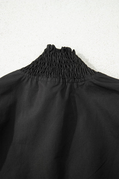 Black Puffy Flounce Sleeve Leopard Trim V Neck Blouse