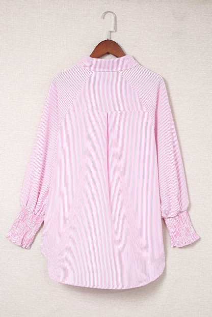 Blue Stripe Striped Casual Shirred Cuffs Shirt