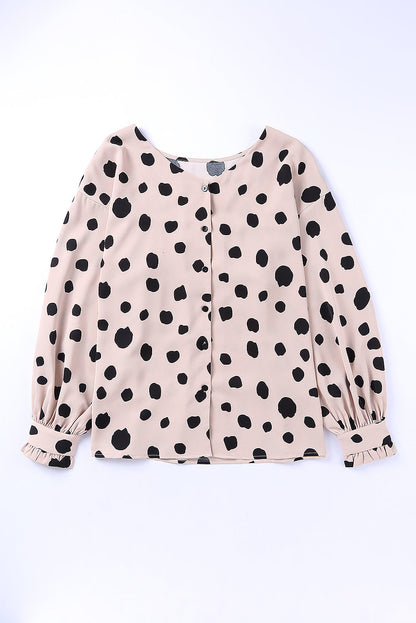 Dotted Buttoned V-Neck Frilled Puff Sleeve Blouse