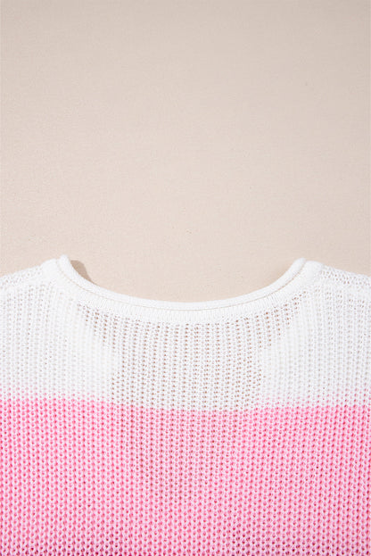 Pink Color Block Notch V Neck Sweater T Shirt