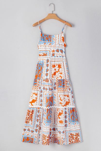 Orange Floral Print Ricrac Trim Spaghetti Straps Maxi Dress