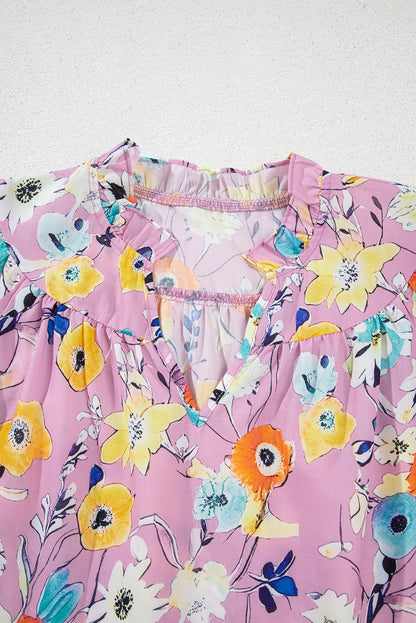 Sky Blue Flutter Sleeve Frill V Neck Floral Top