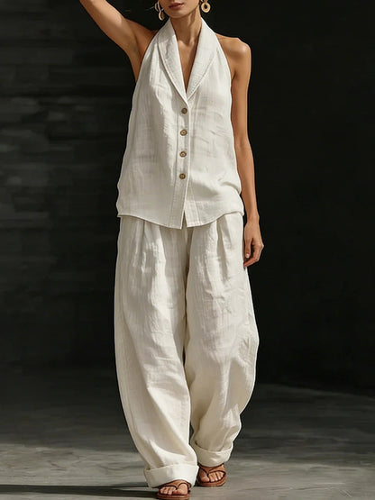 Women's Sleeveless Vest & Wide-Leg Pants Cotton-Linen Two-Piece Set