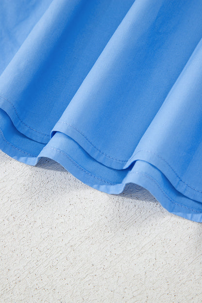 Sky Blue Puff Sleeve Pop of Color Neckline Blouse