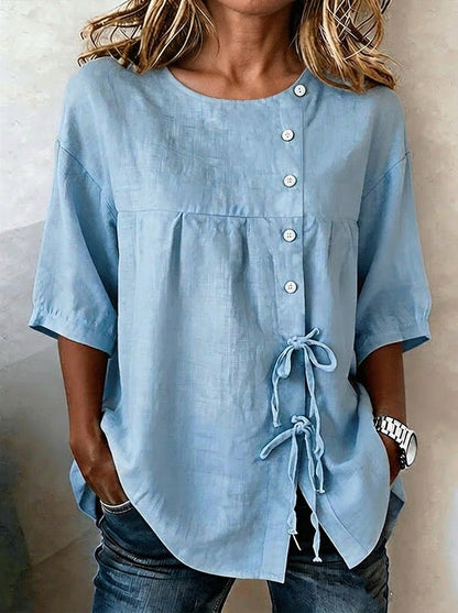Women's Linen Lace-Up Button Shirt – 3/4 Sleeve Asymmetric