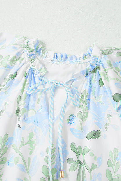 Sky Blue Floral Contrast Edge Layered Short Sleeve Mini Dress