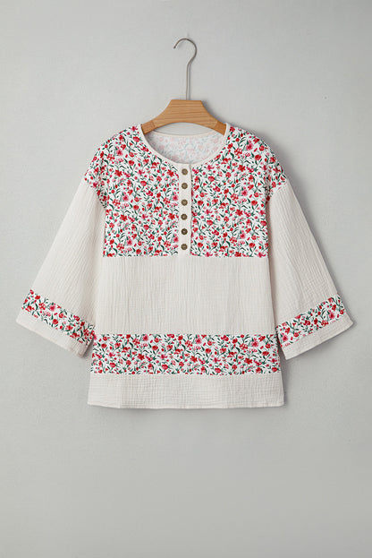 Red Floral Print Gauze Patchwork Henley Button 3/4 Sleeve Blouse