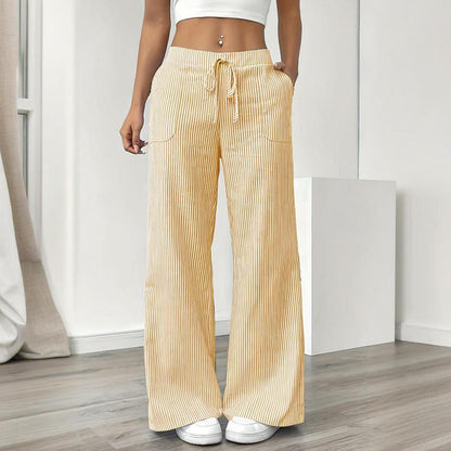 Women's Striped Print Straight Wide Leg Pockets Pants Casual Long Pants