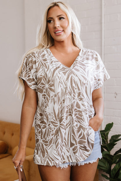 Khaki Floral Print V Neck Short Sleeve Loose Fit Blouse