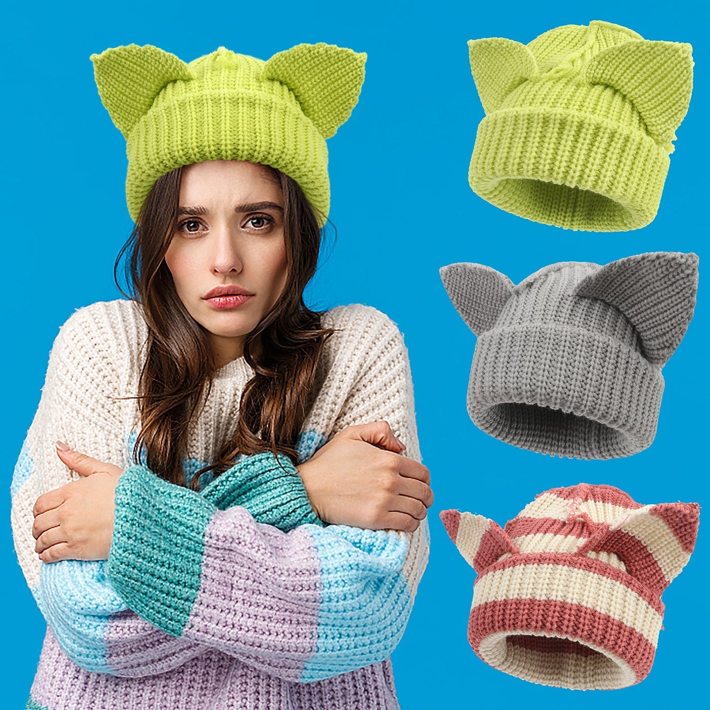 Women’s Thickened Acrylic Knitted Hat with Devil Ears | Cozy Beanie