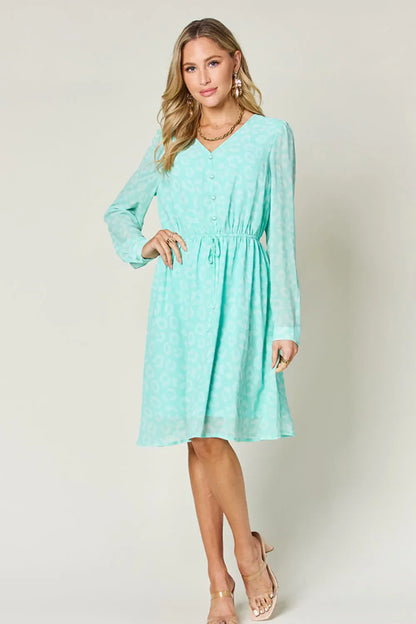 Double Take Full Size Printed Ruched V-Neck Long Sleeve Dress