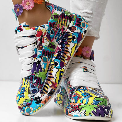 Round-Toe Thick-Sole Lace-Up Sneakers — Women’s Casual Print Shoes
