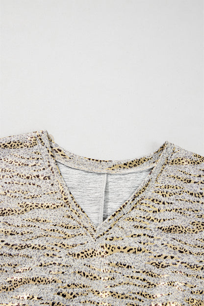 Gray Leopard Print 3/4 Sleeve V Neck Loose Fit T Shirt