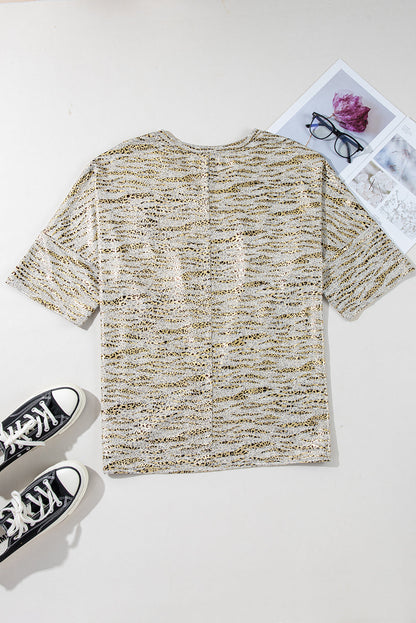 Gray Leopard Print 3/4 Sleeve V Neck Loose Fit T Shirt