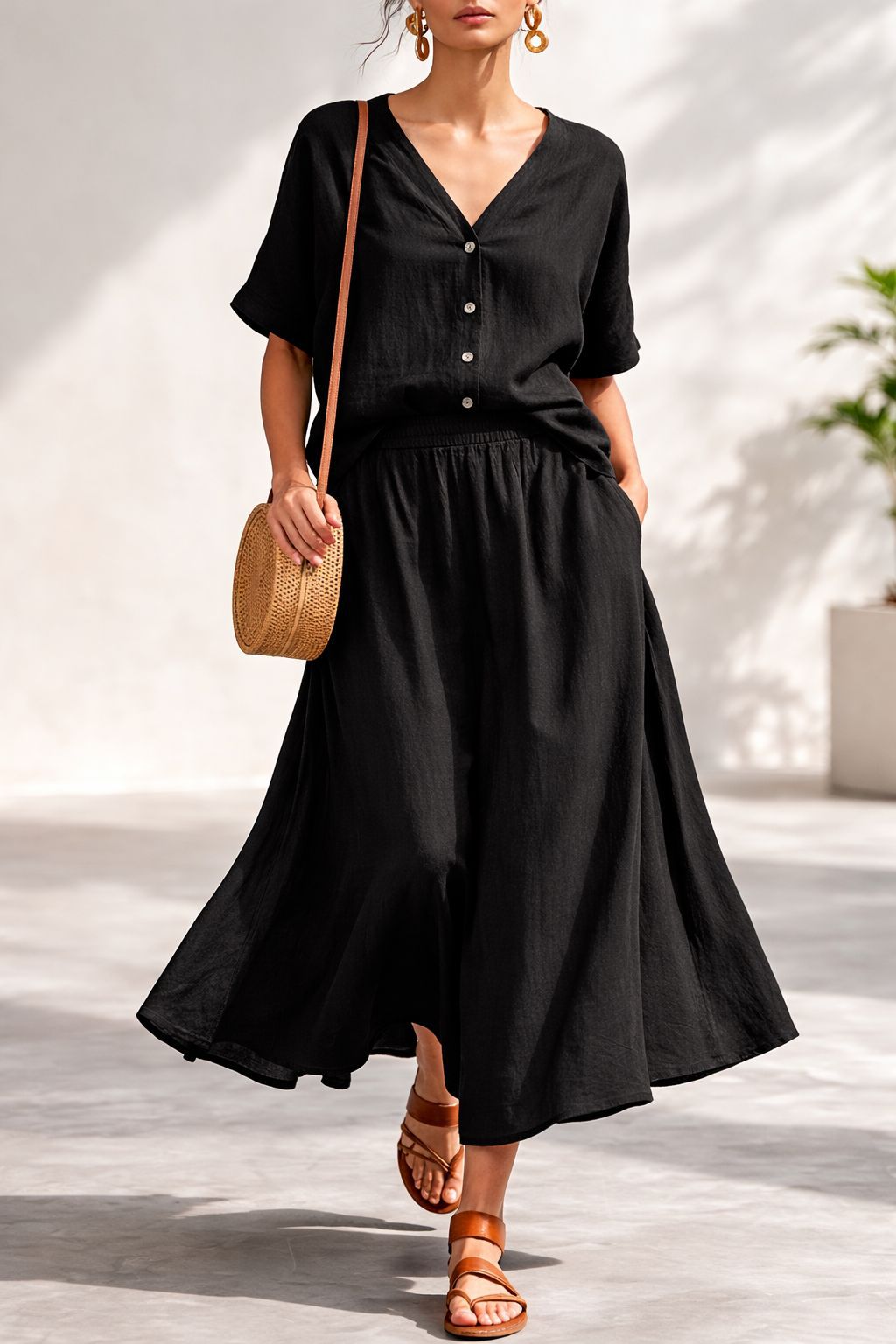Women's Cotton-Linen V-Neck Button-Up Top & Long Skirt Set