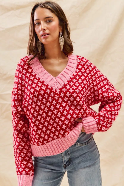 SO ME Color Block Textured Christmas Sweater V Neck Top