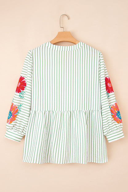 Green Stripe Flower Puff Sleeve Notched V Neck Babydoll Blouse