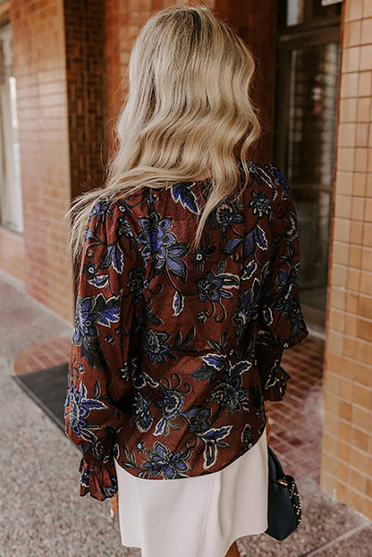 Brown Autumn Floral Print Smocked Cuffs Shift Blouse