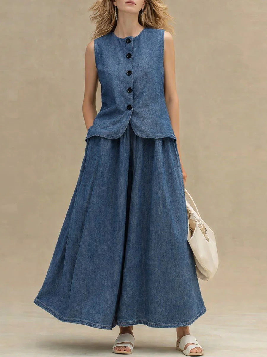 Women’s Crew Neck Denim Top and High-Waist A-Line Skirt Set