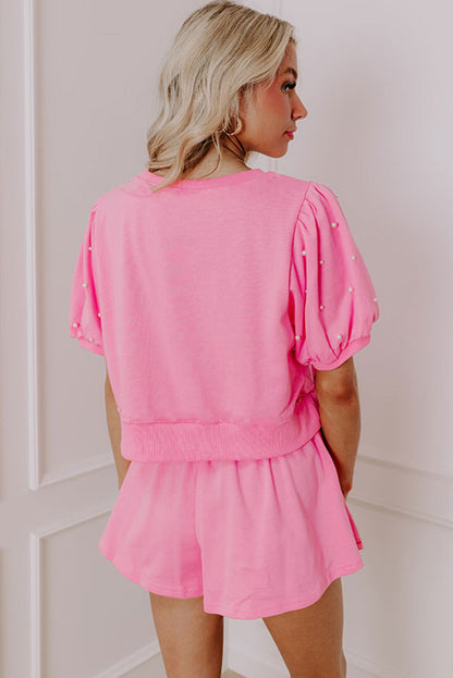 Pink Sweet Bow Trim Pearl Embellished Blouse and Skort Set