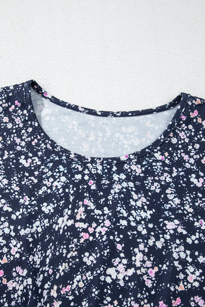 Blue Floral Color Block Patchwork Ruffled Hem Round Neck Blouse