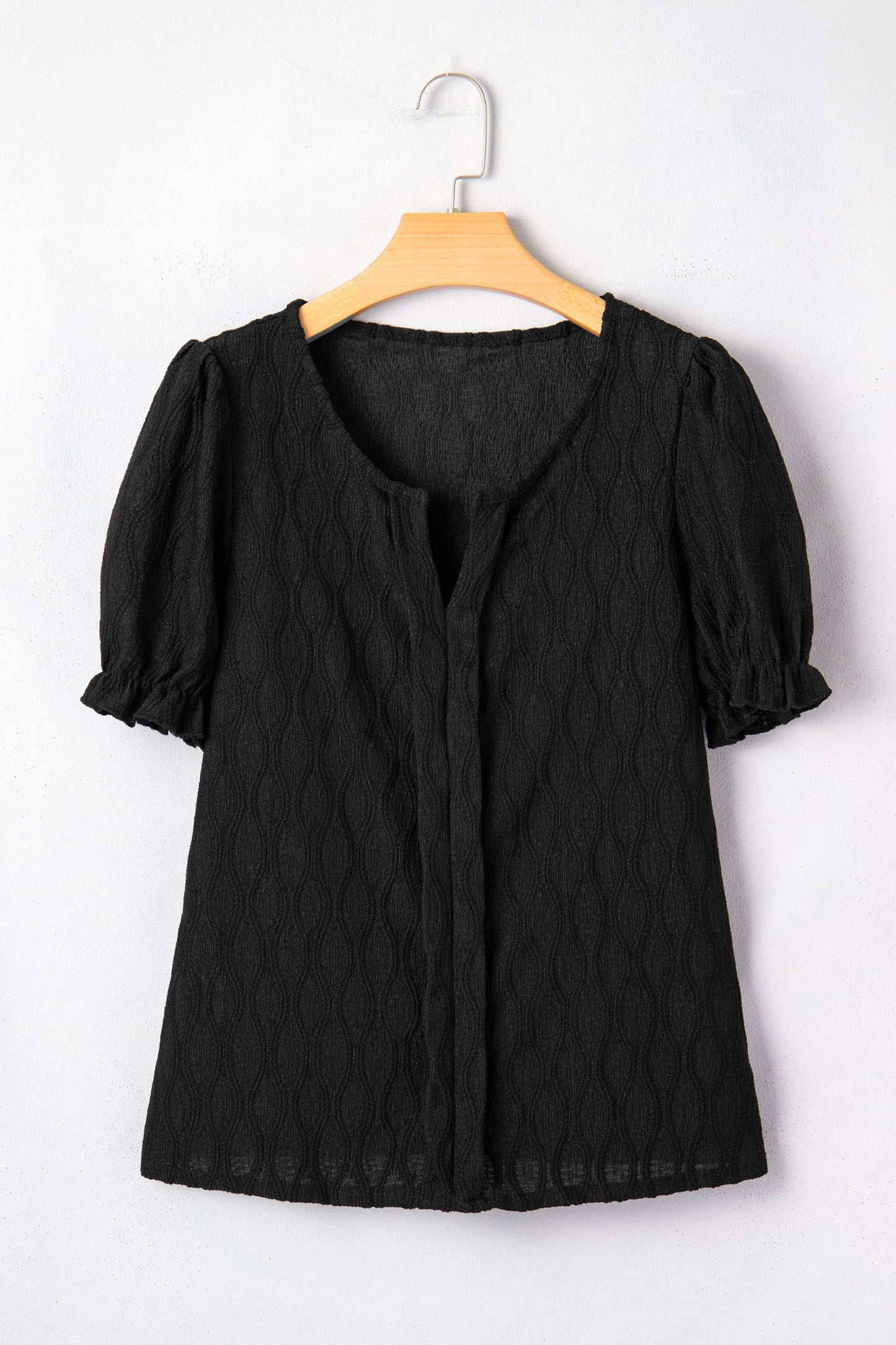Beau Blue Solid Color Textured Notched Neck Puff Sleeve Blouse