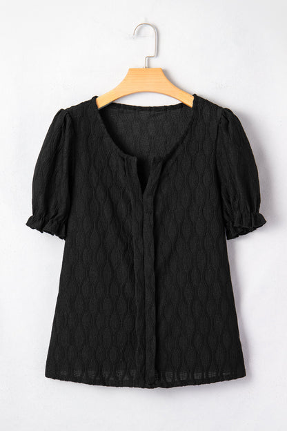 Beau Blue Solid Color Textured Notched Neck Puff Sleeve Blouse