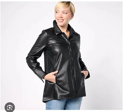 Dennis Basso Faux Leather Button Front Shirt. Black/X-Large.