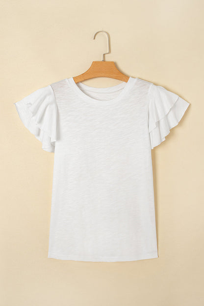 White Layered Ruffle Short Sleeve Round Neck Top