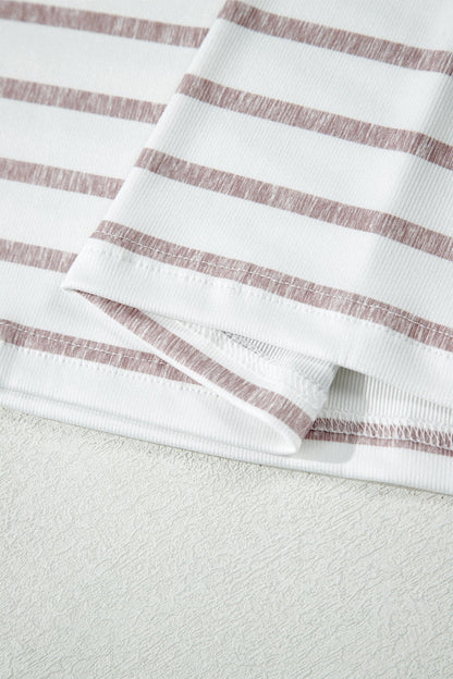 Khaki Stripe Color Block Trim Round Neck Short Sleeve Top
