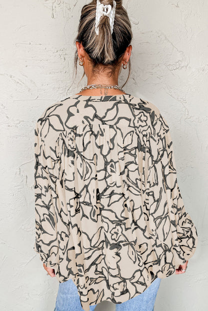 Blue Floral Print Batwing Sleeve Buttoned Loose Fit Shirt
