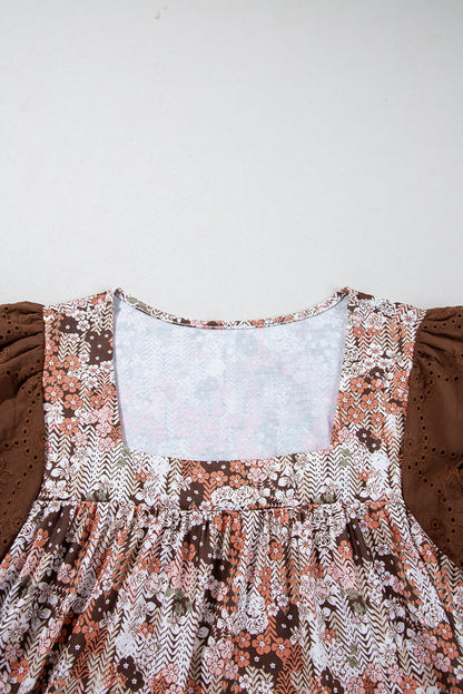 Blue Floral Print Square Neck Lace Patchwork Sleeve Blouse