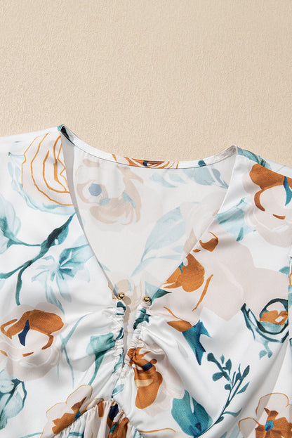 Green Floral Print Puff Sleeve V Neck Babydoll Blouse