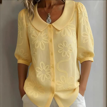 Women's Loose-Fit Retro 3D Embroidered Floral Shirt – Buttoned Casual Top