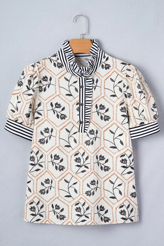 Floral Stripe Patchwork Ruffle Buttoned Short Sleeve Blouse