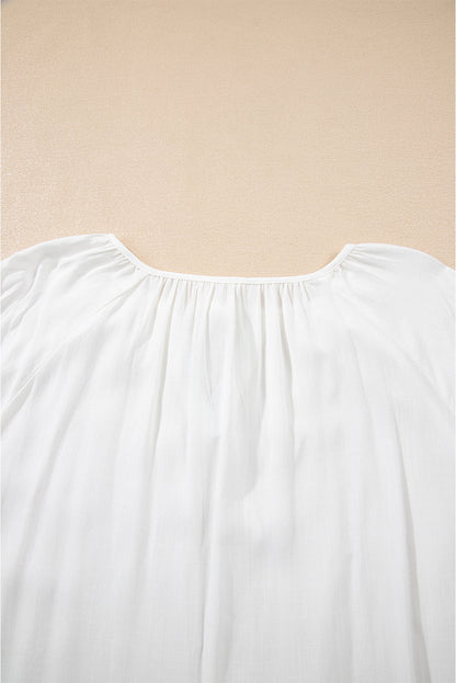 White Floral Embroidered Drawstring V Neck Blouse