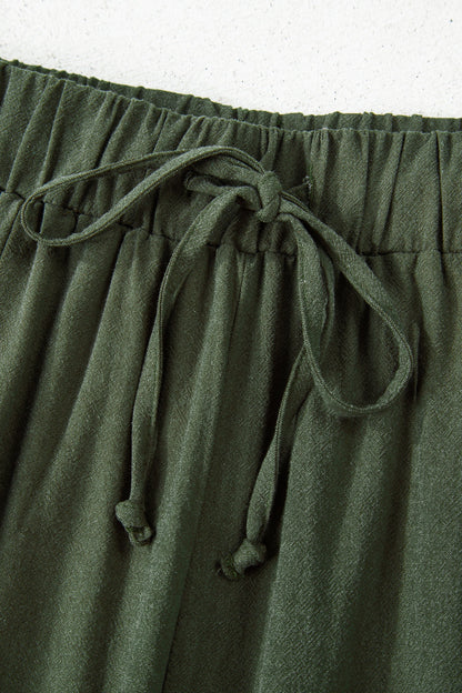 Jungle Green Drawstring Elastic Waist Patch Pocket Barrel Leg Casual Pants