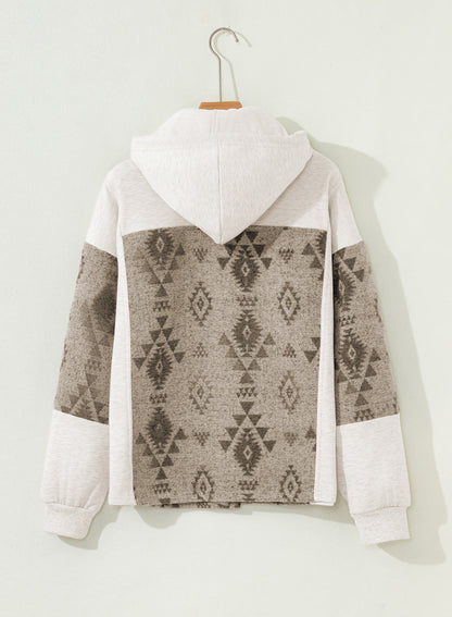 Western Aztec Colorblock Patchwork Drawstring Hooded Shacket